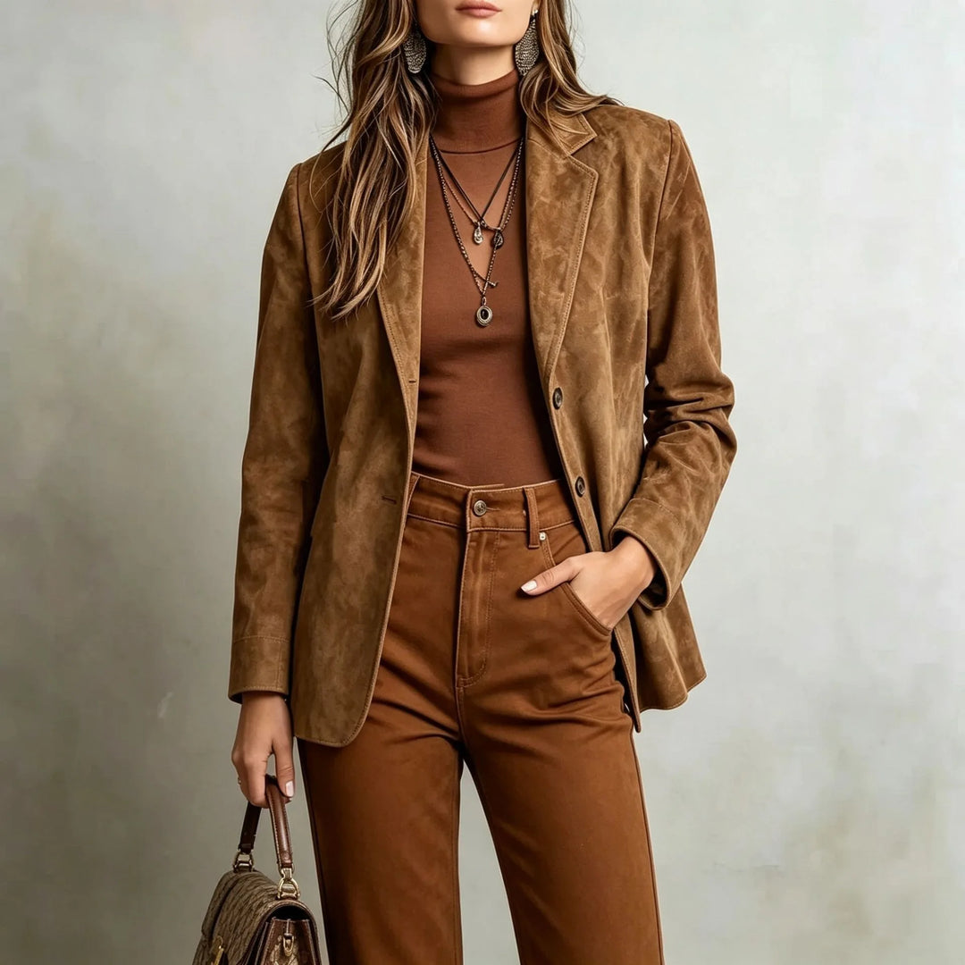 Close view of brown suede-look blazer with notched lapel
