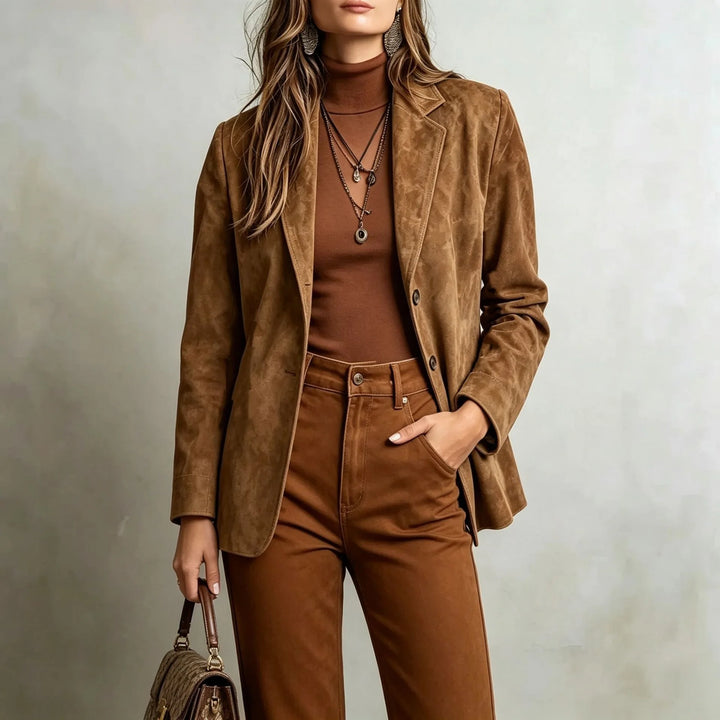 Close view of brown suede-look blazer with notched lapel