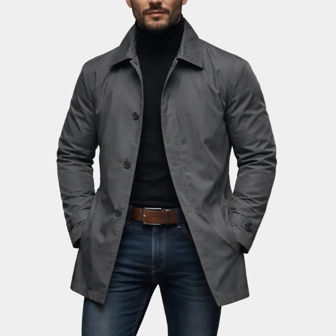 Gray trench coat front view with structured point collar