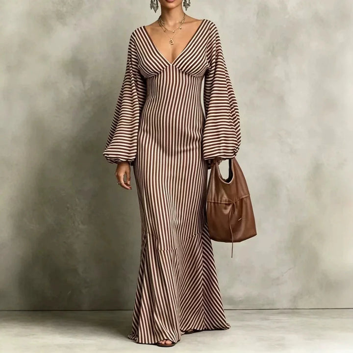 Coffee striped maxi dress with V-neck and lantern sleeves, front view