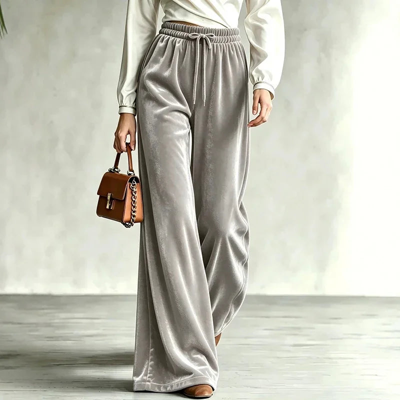 Taupe velvet wide leg pants with drawstring waist, front view