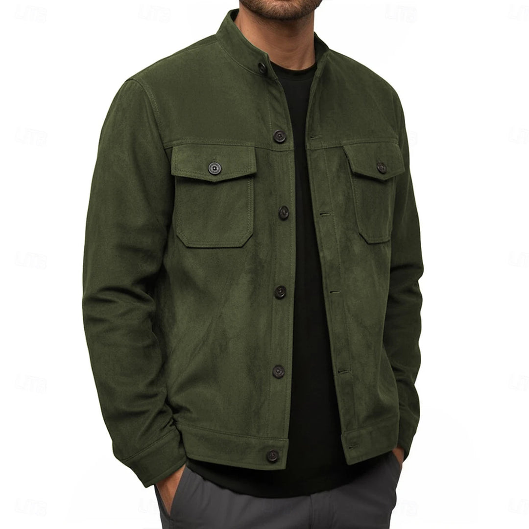 Man wearing olive green suede-look shirt jacket with flap chest pockets