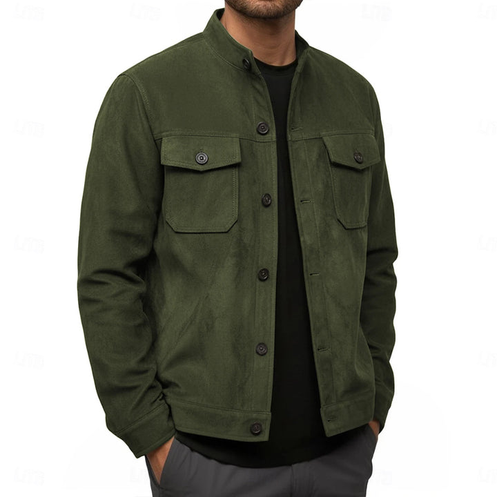 Man wearing olive green suede-look shirt jacket with flap chest pockets