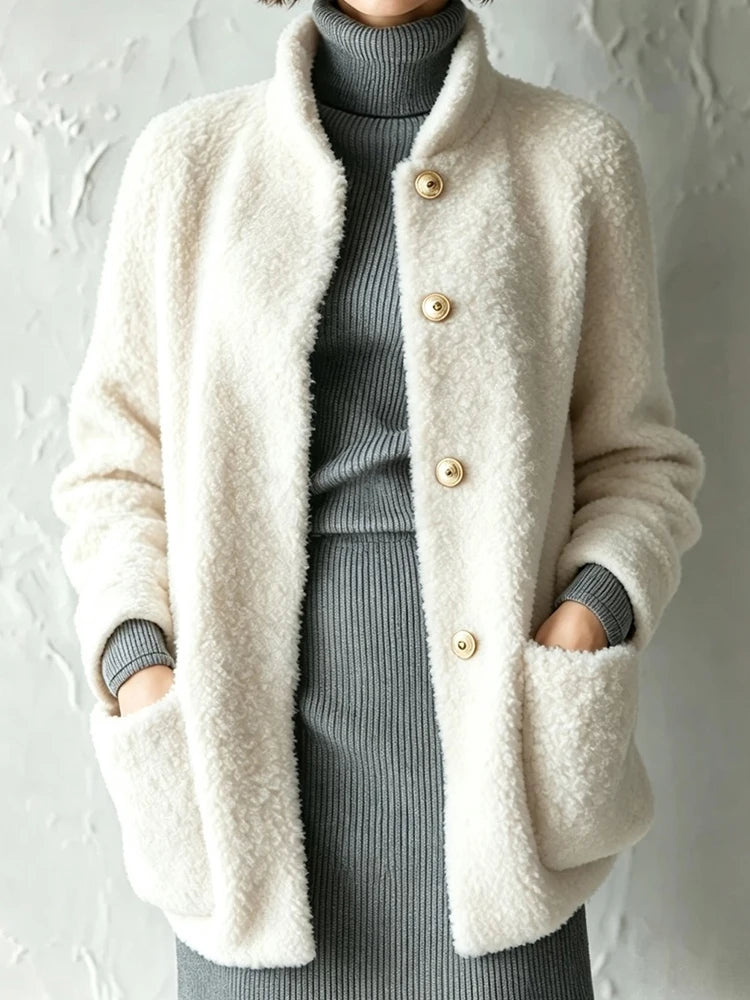White bouclé jacket with stand collar and patch pockets