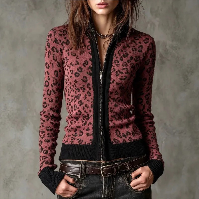 Red leopard print zip front cardigan on model, front view
