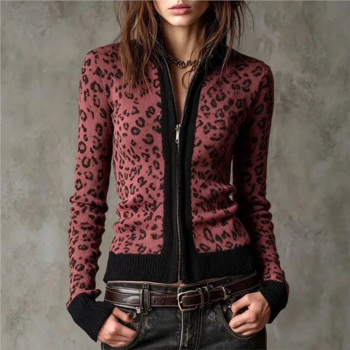 Red leopard print zip front cardigan on model, front view