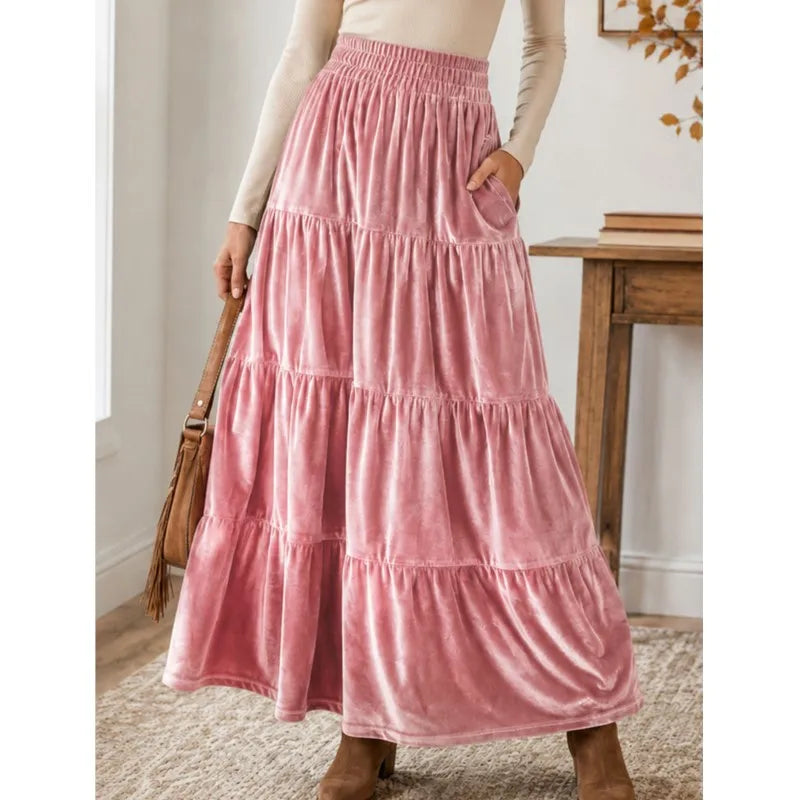 Pink velvet tiered maxi skirt, front view