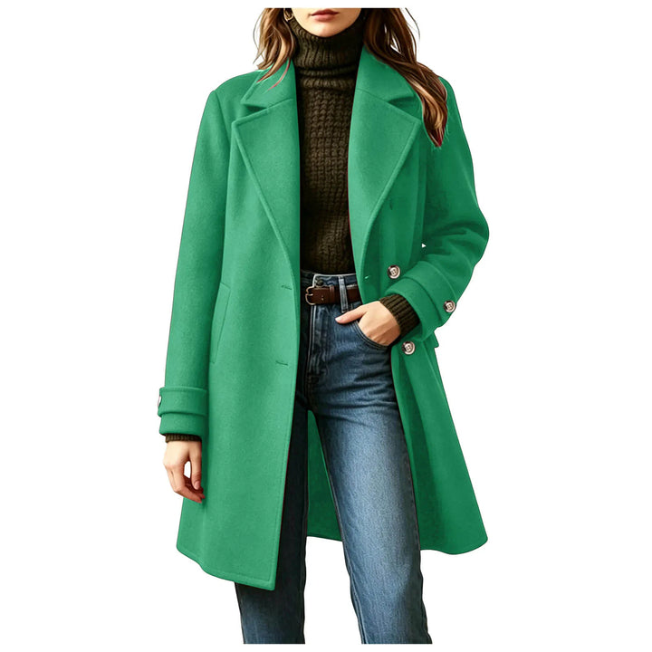 Woman wearing green mid-length double-breasted wool coat