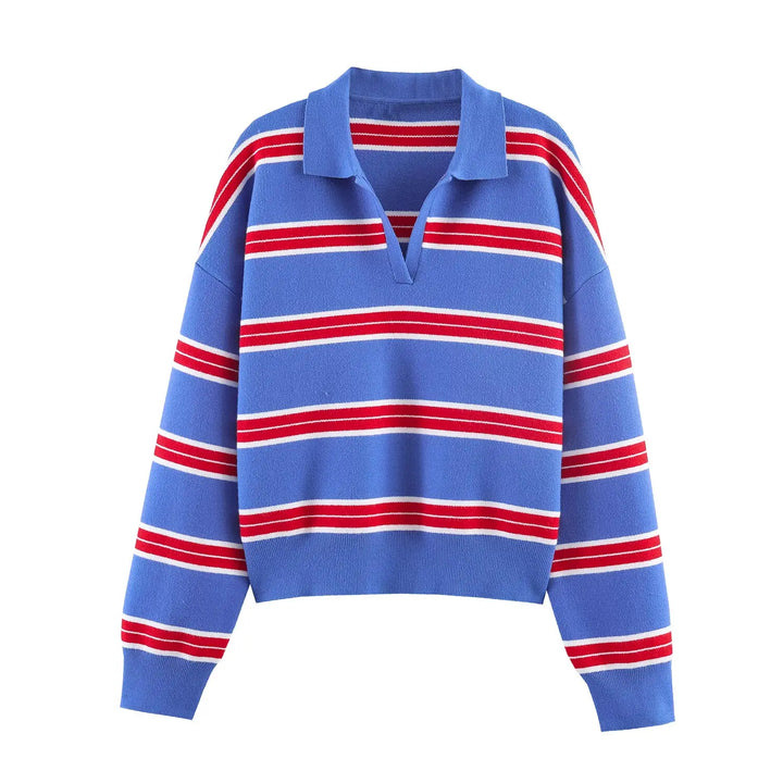 Blue and red striped polo sweater, front view