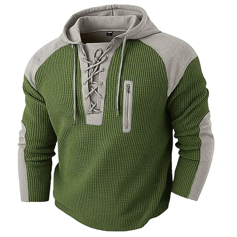 Army green waffle knit hoodie with grey raglan sleeves