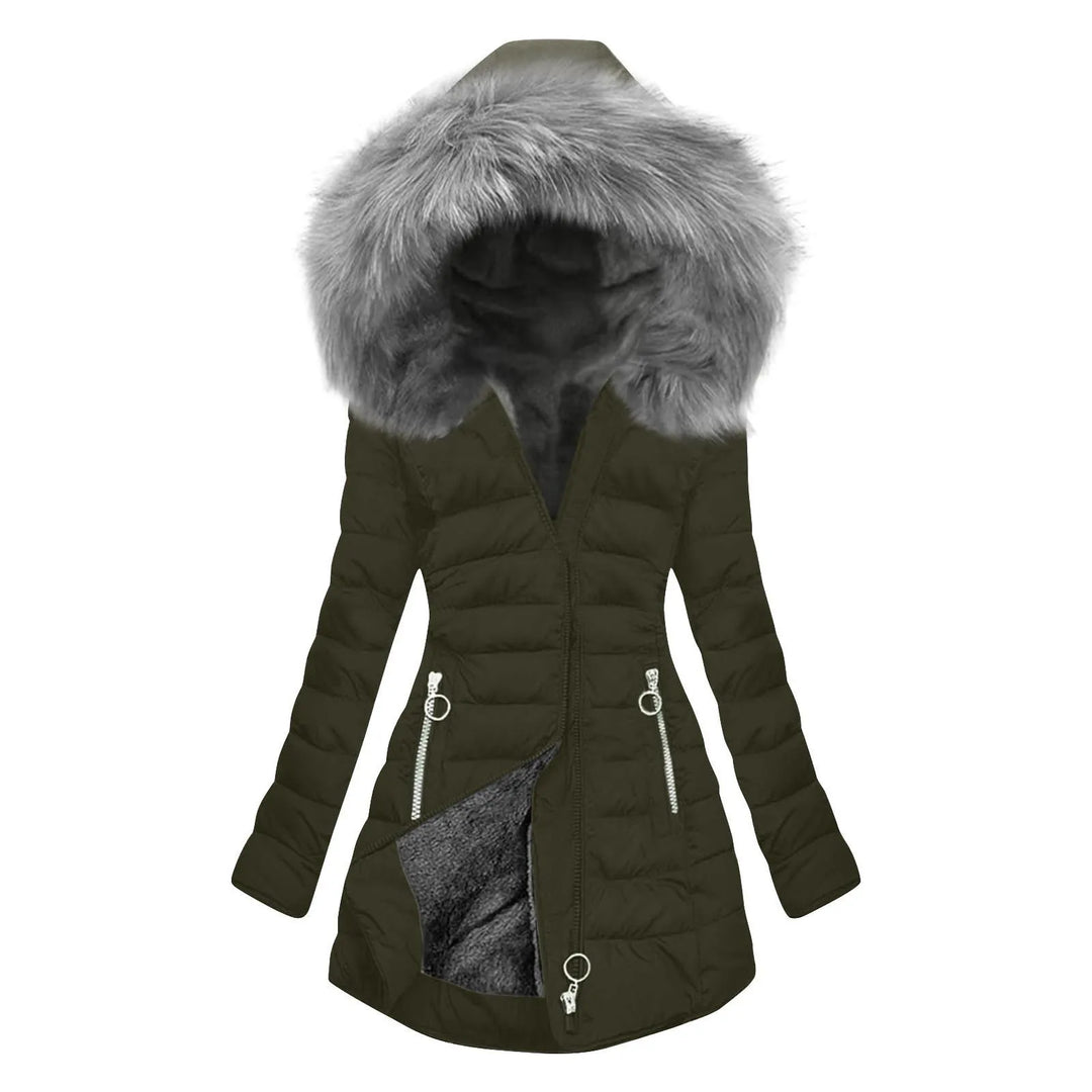 Olive green quilted puffer jacket with faux fur hood, front view