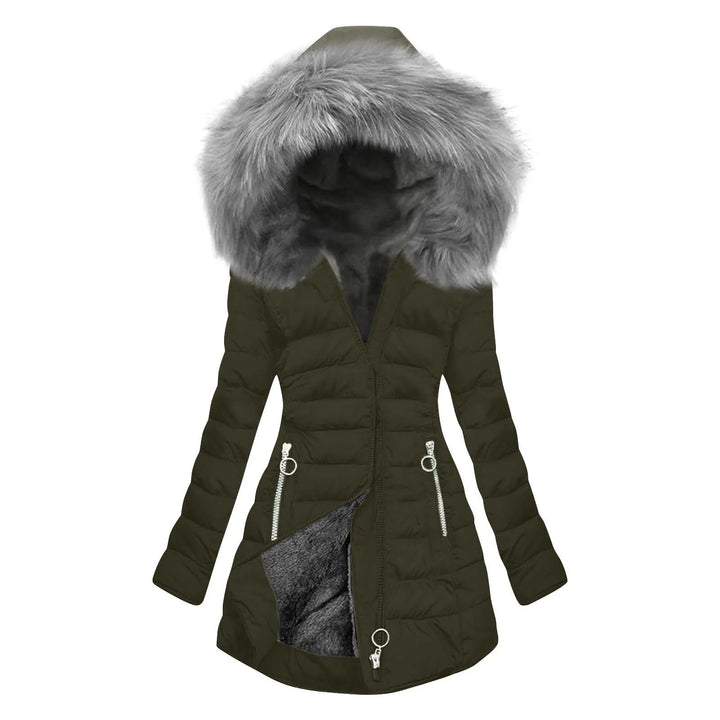 Olive green quilted puffer jacket with faux fur hood, front view