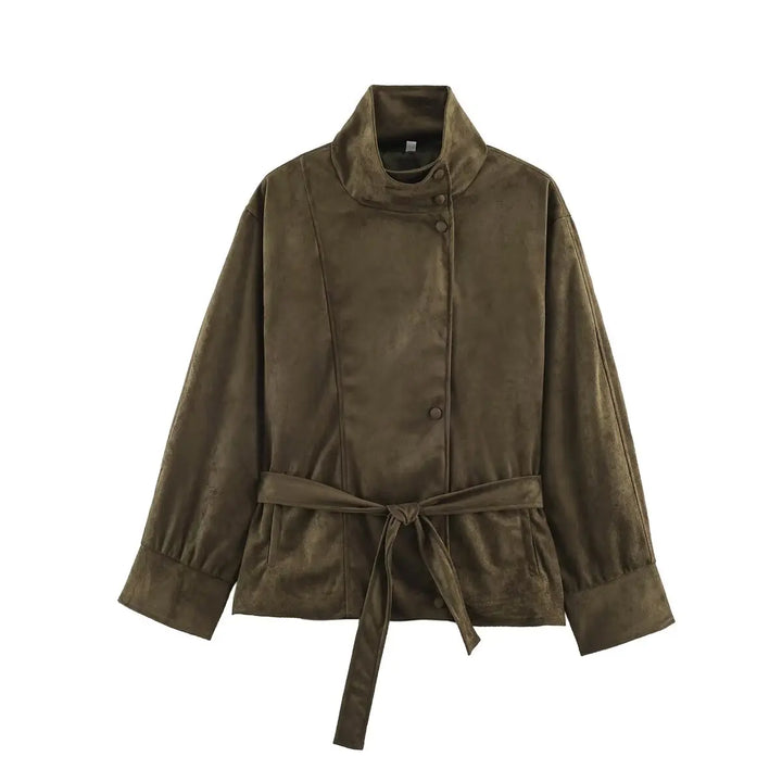 Army green suede-look belted jacket flat lay