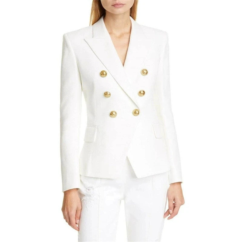 White double-breasted blazer with gold buttons
