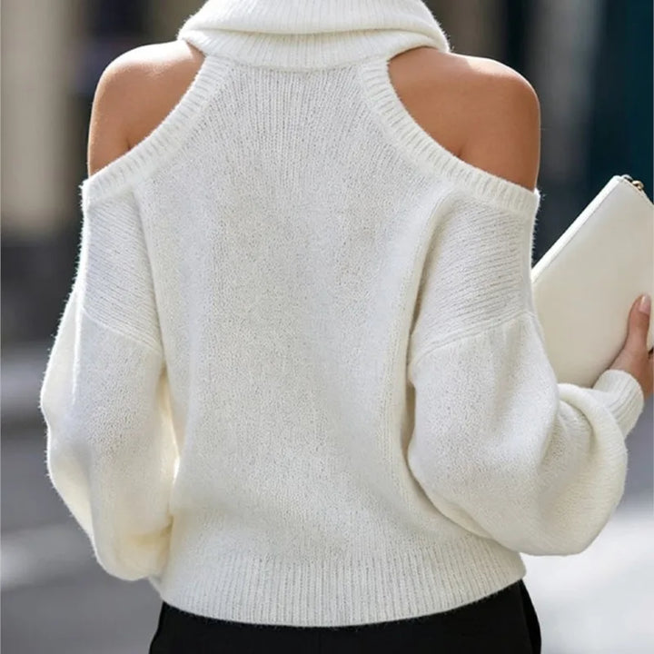 White cold shoulder turtleneck sweater back view
