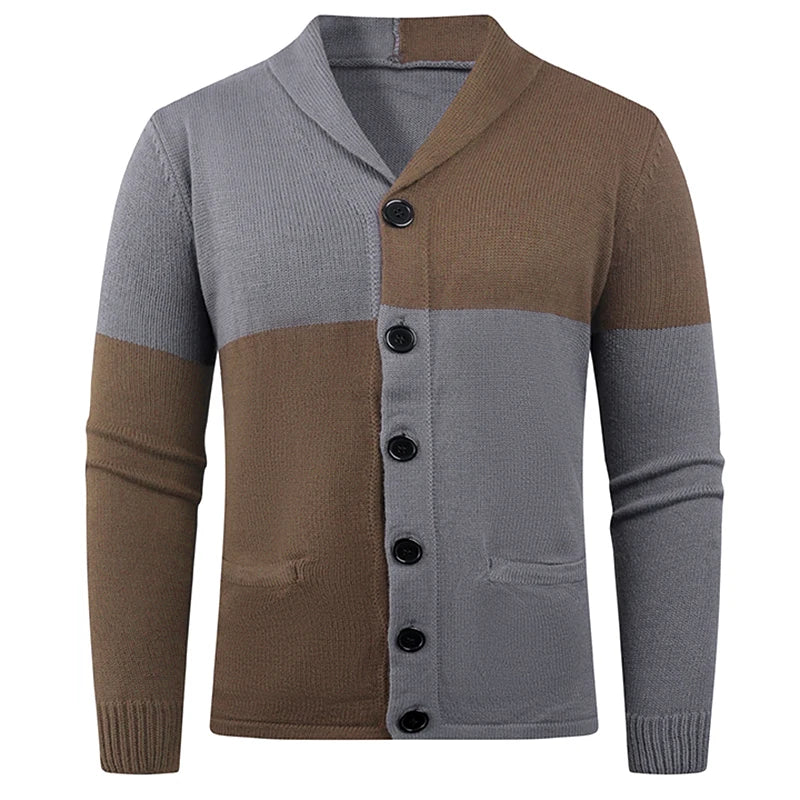 Gray brown color-block shawl collar cardigan sweater, front view