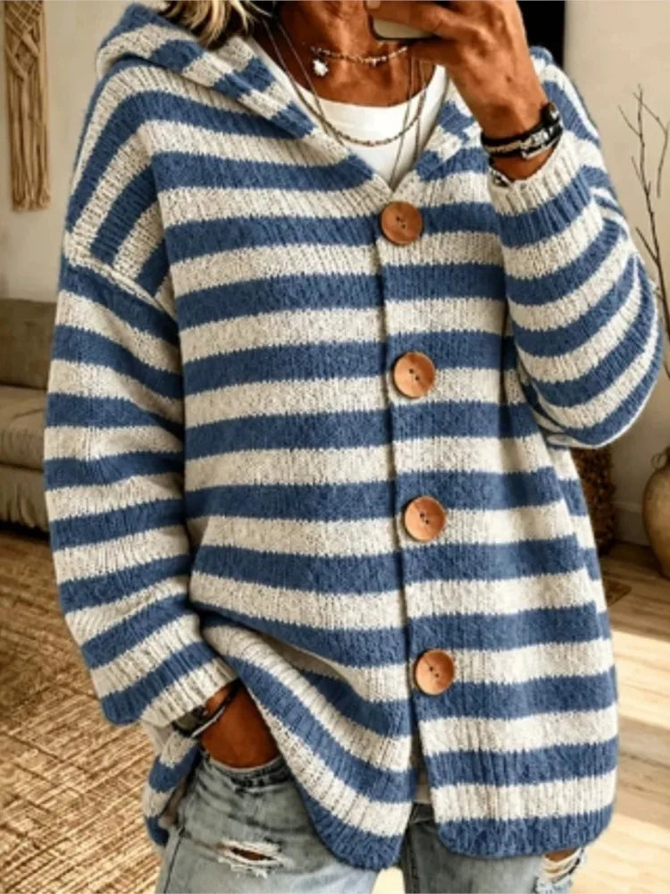 Blue and white striped hooded cardigan with wooden buttons, front view