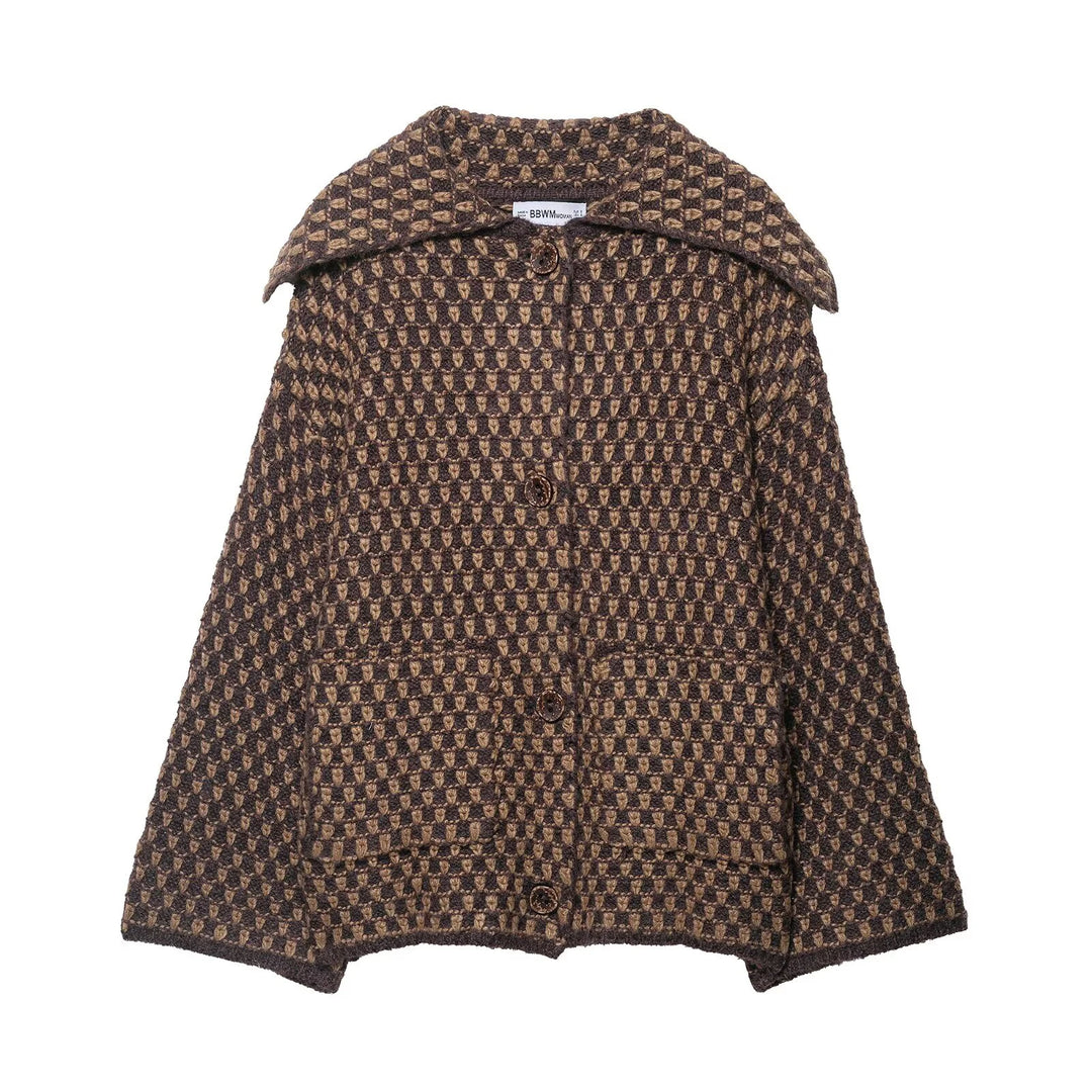 Brown diamond textured knit jacket with foldover collar