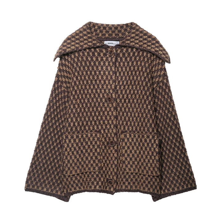 Brown diamond textured knit jacket with foldover collar