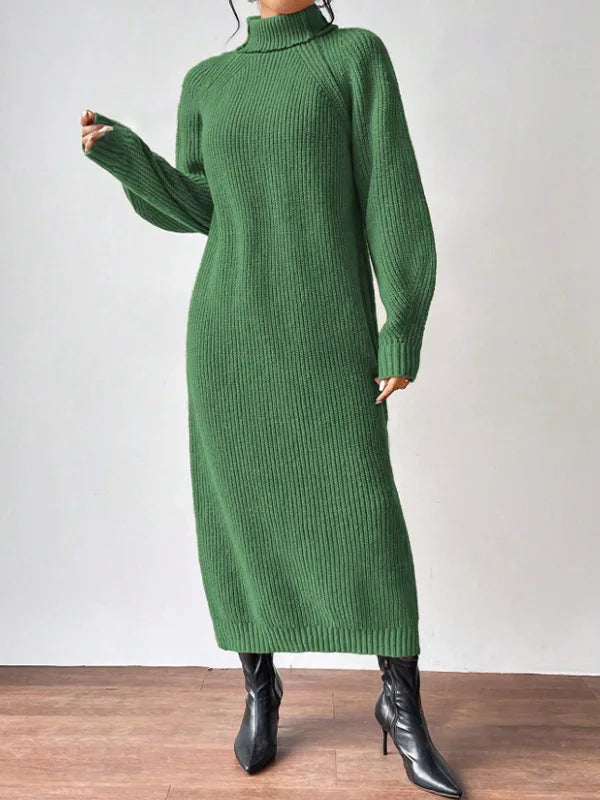 Green ribbed knit sweater dress, side angle view