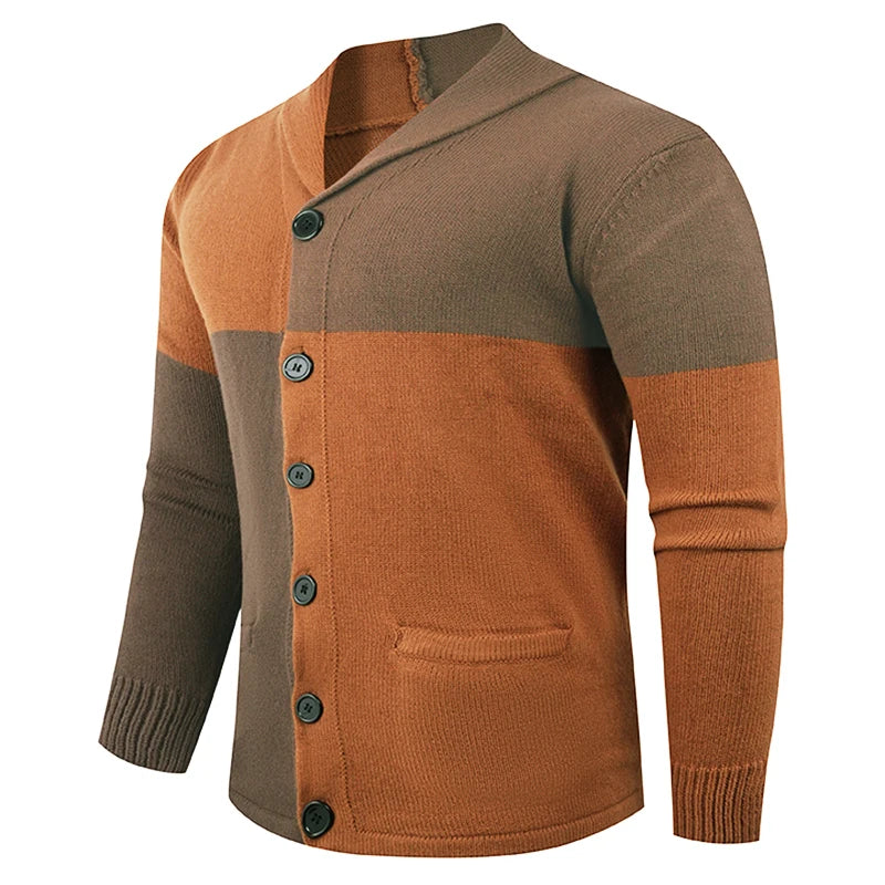 Caramel brown color-block shawl collar cardigan sweater, side view