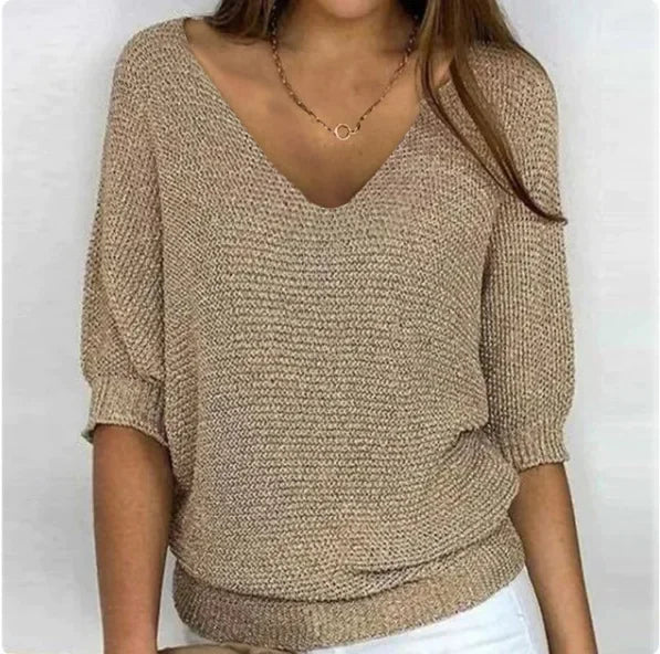 Khaki V-neck knit sweater with three-quarter sleeves