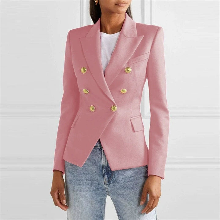 Pink double-breasted blazer with gold buttons
