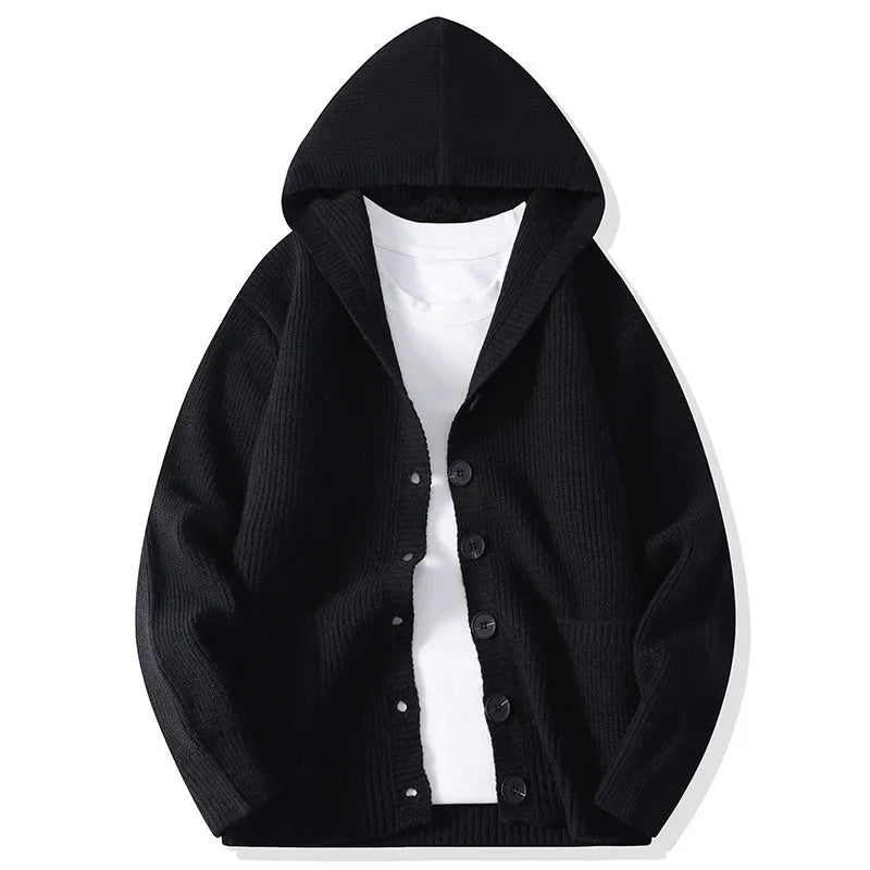 Black hooded button-front knit cardigan, front view