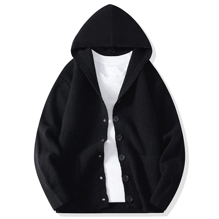 Black hooded button-front knit cardigan, front view