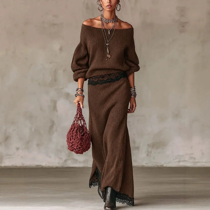 Woman wearing coffee brown ribbed knit off shoulder pullover and matching lace trim maxi skirt set