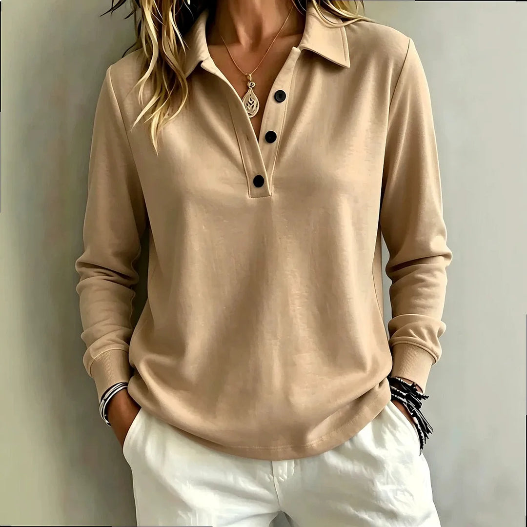 Khaki long sleeve polo shirt with button placket, close-up