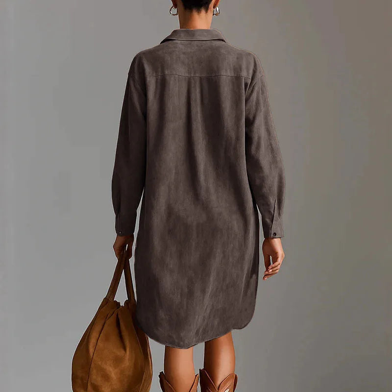 Coffee brown shirt dress back view with lapel collar