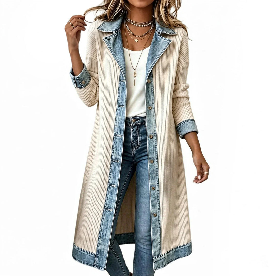 Beige ribbed knit long cardigan coat with denim lapel and cuffs
