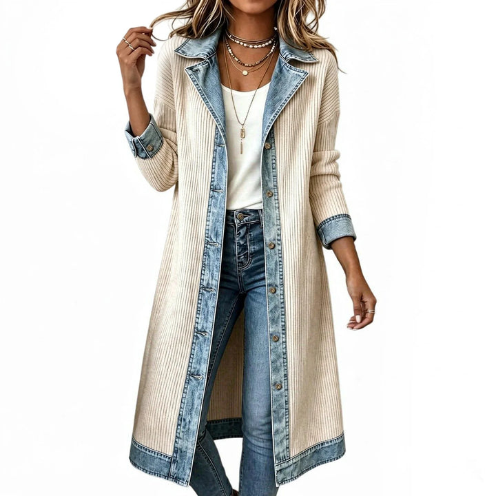 Beige ribbed knit long cardigan coat with denim lapel and cuffs