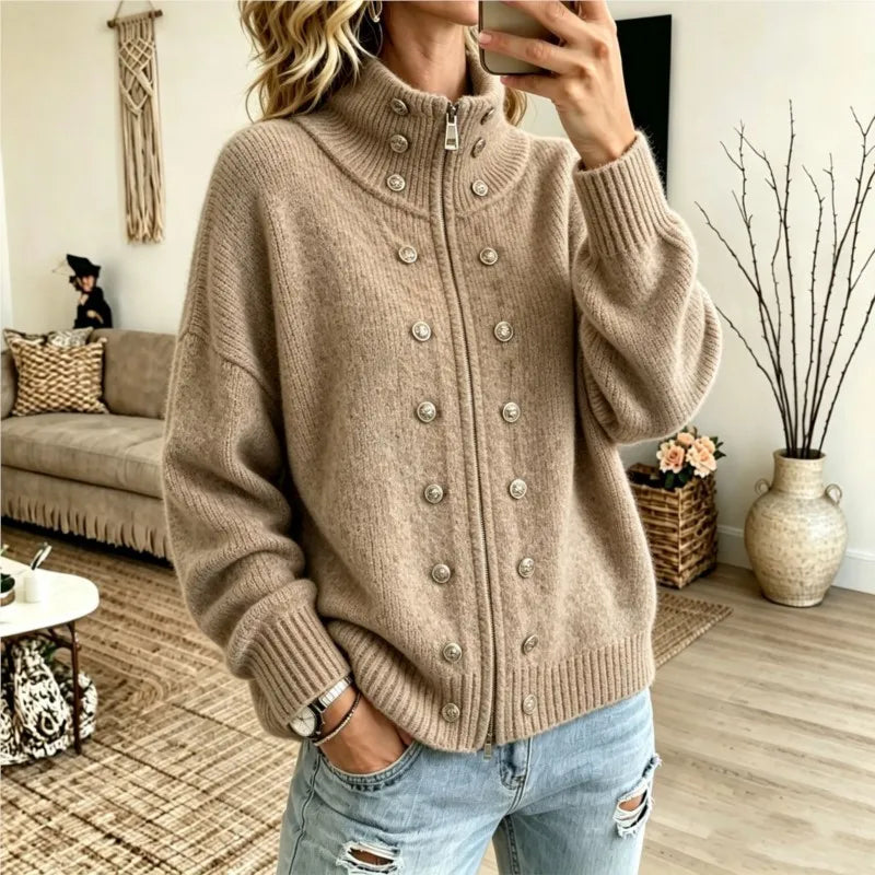 Woman wearing khaki stand collar zip cardigan with button details