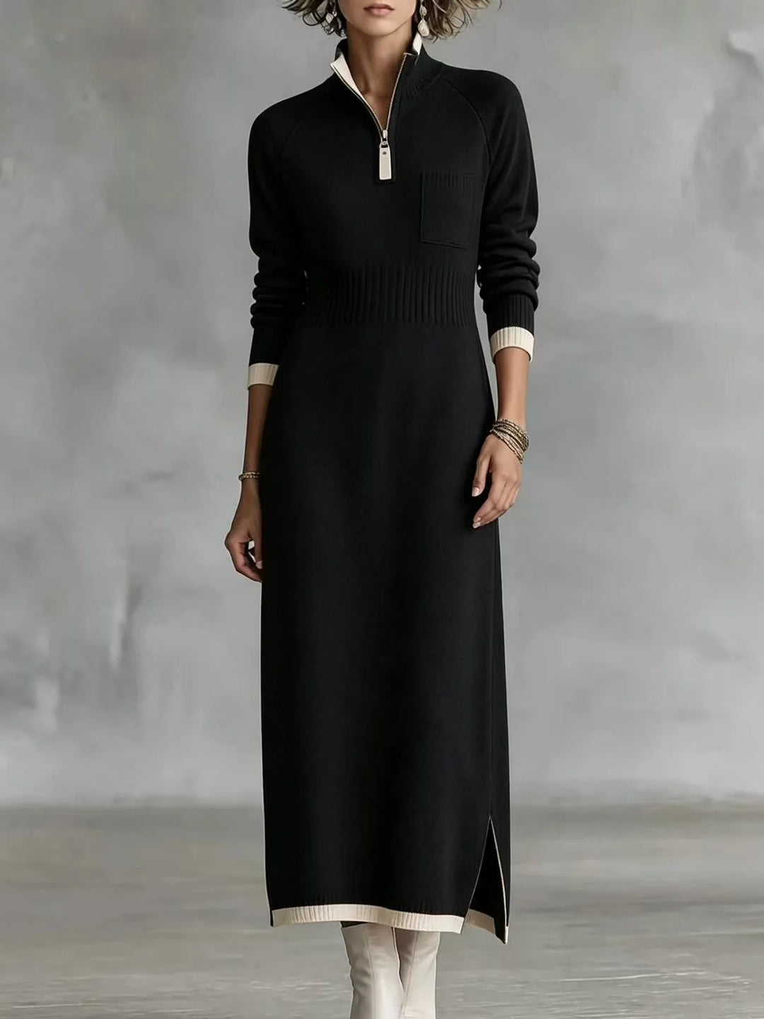 Black quarter-zip sweater dress with chest pocket, front view