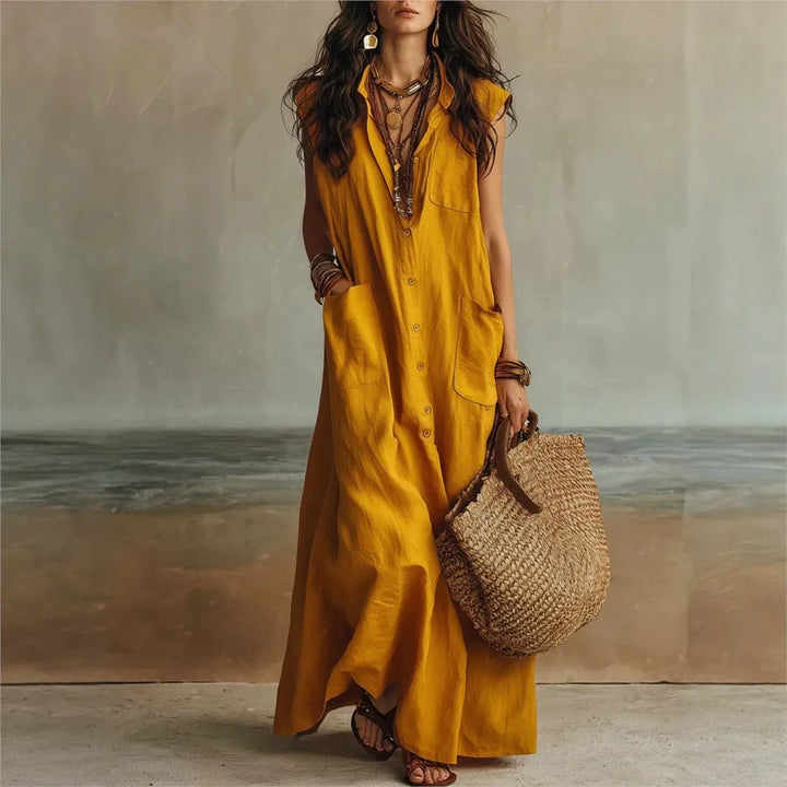 Diana Bohemian V Neck Casual Linen Maxi Dress