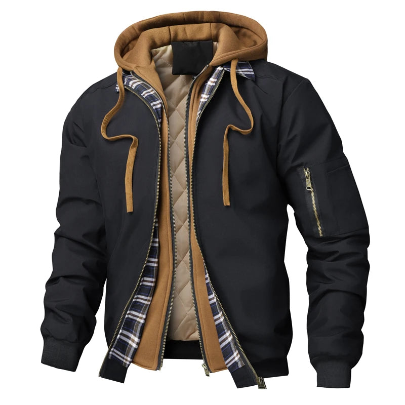 Black hooded bomber jacket with tan hood and plaid trim, front view