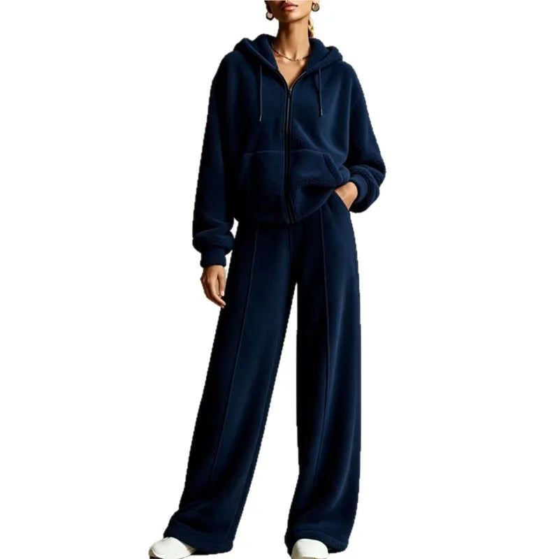 Woman wearing navy blue sherpa hoodie and wide leg pants set