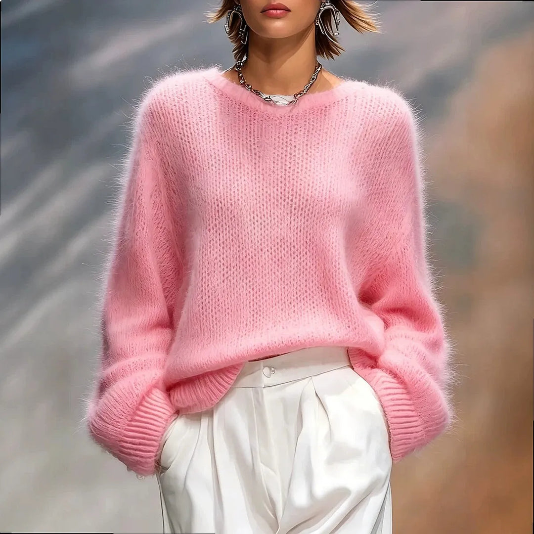 Pink brushed knit pullover sweater front view