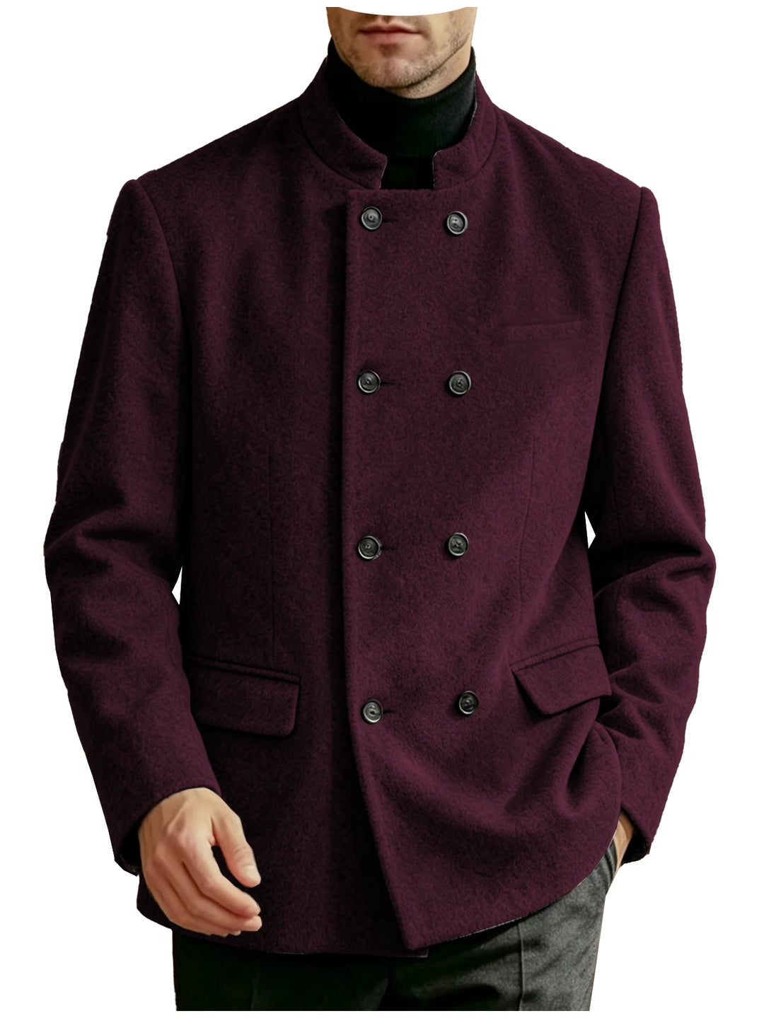Man wearing burgundy mandarin collar double-breasted coat