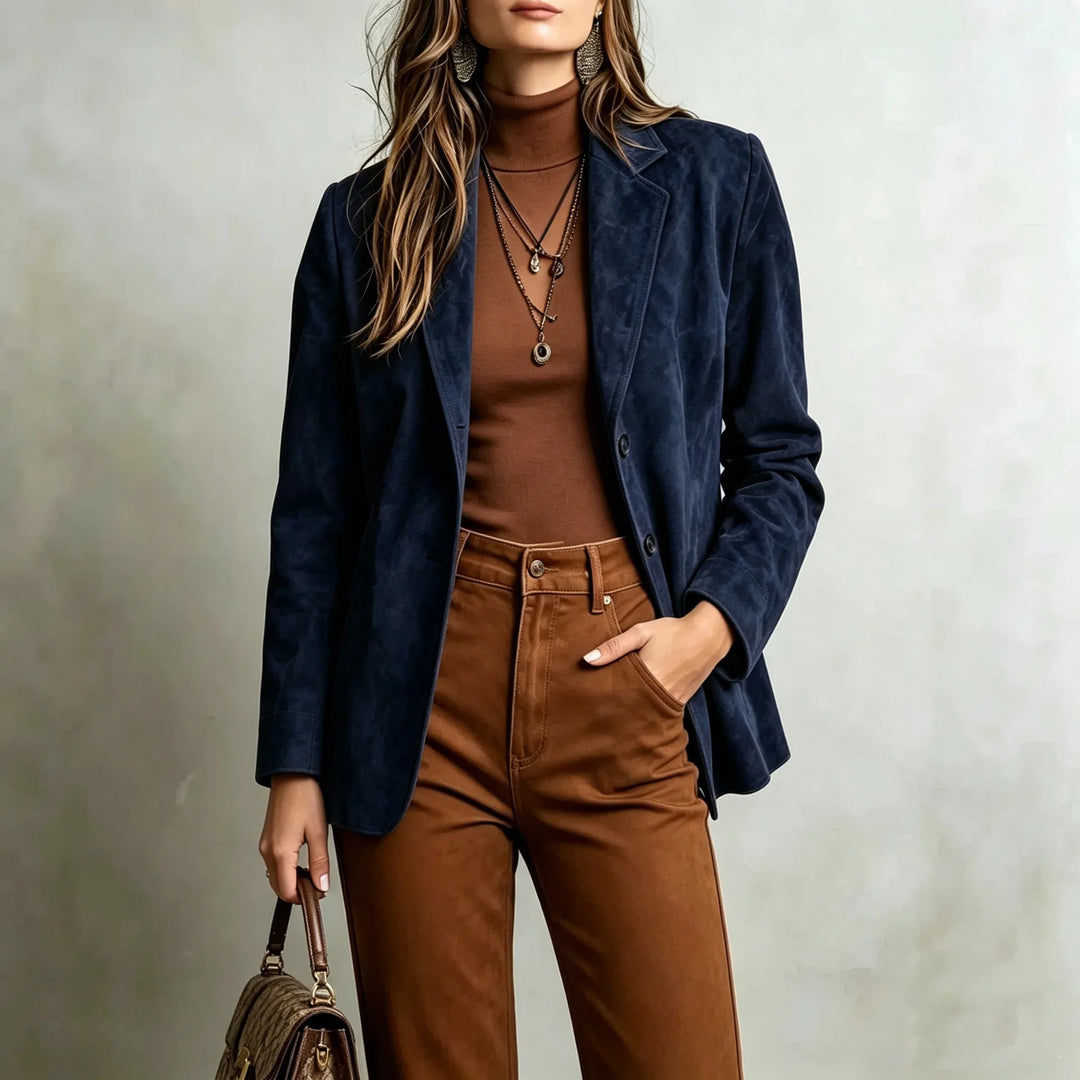 Close view of navy blue suede-look blazer with notched lapel
