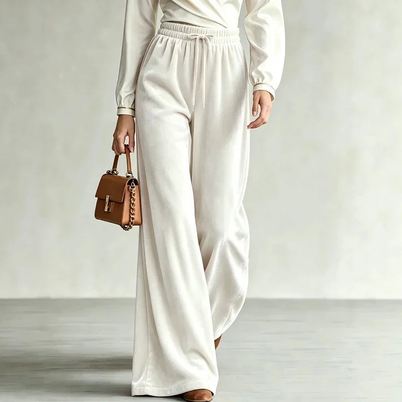 Ivory velvet wide leg pants with drawstring waist, front view