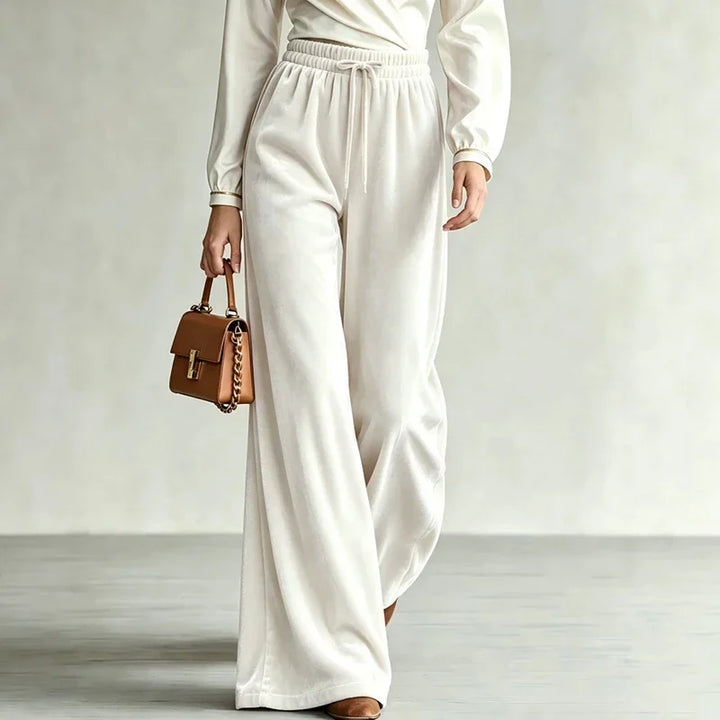 Ivory velvet wide leg pants with drawstring waist, front view