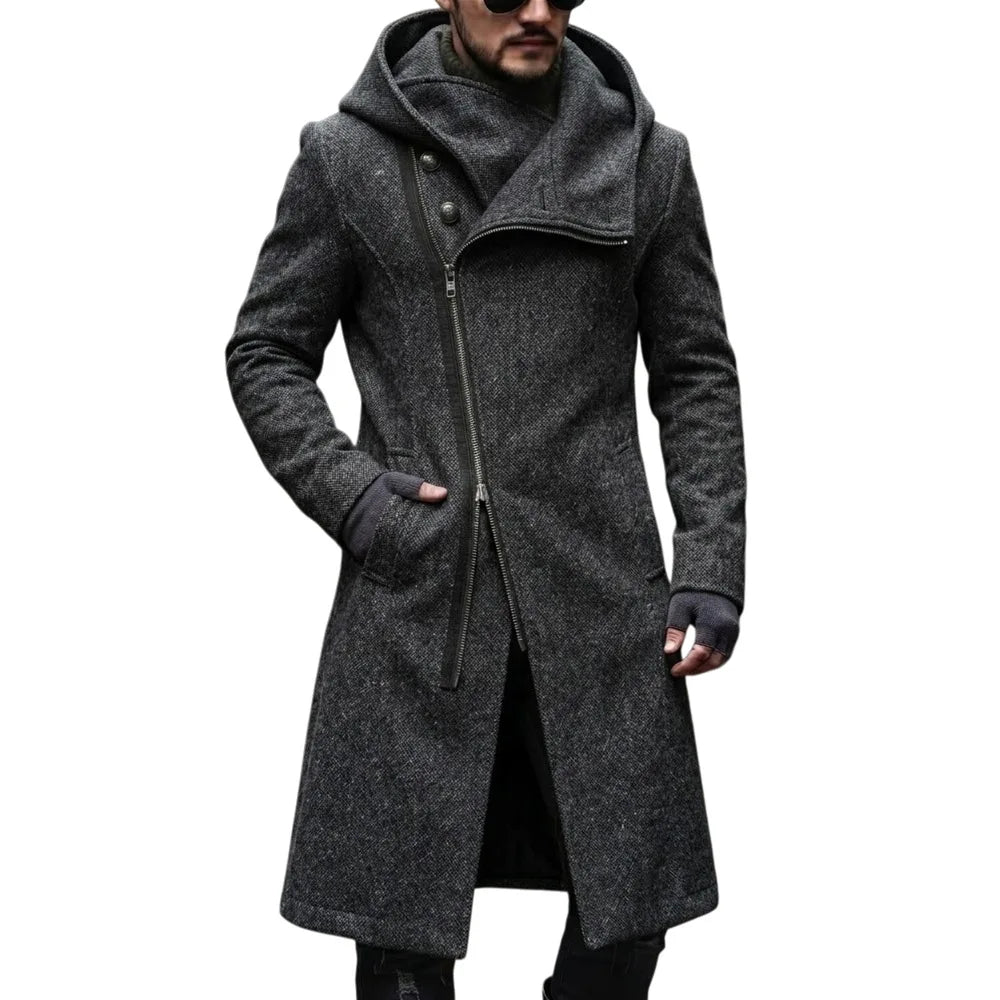 Man wearing dark grey hooded trench coat with asymmetric zip front, open view
