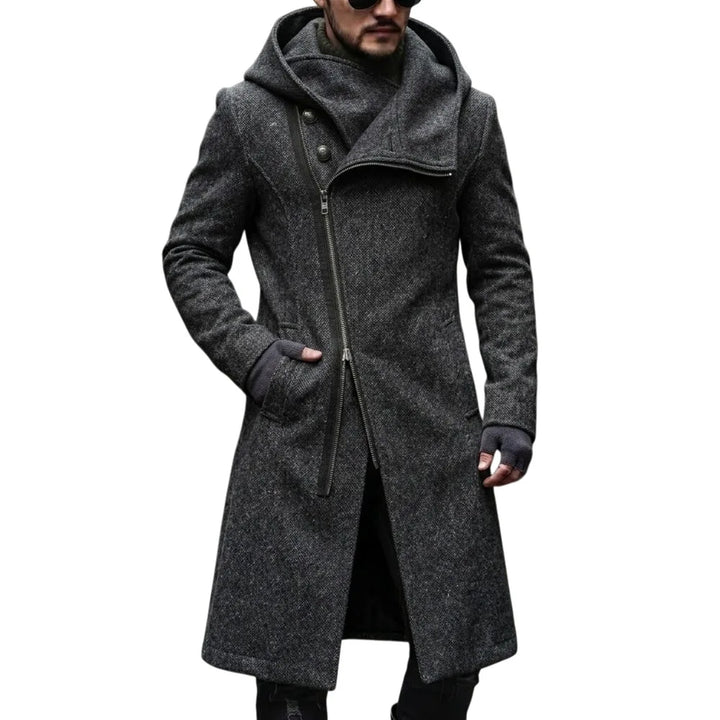 Man wearing dark grey hooded trench coat with asymmetric zip front, open view