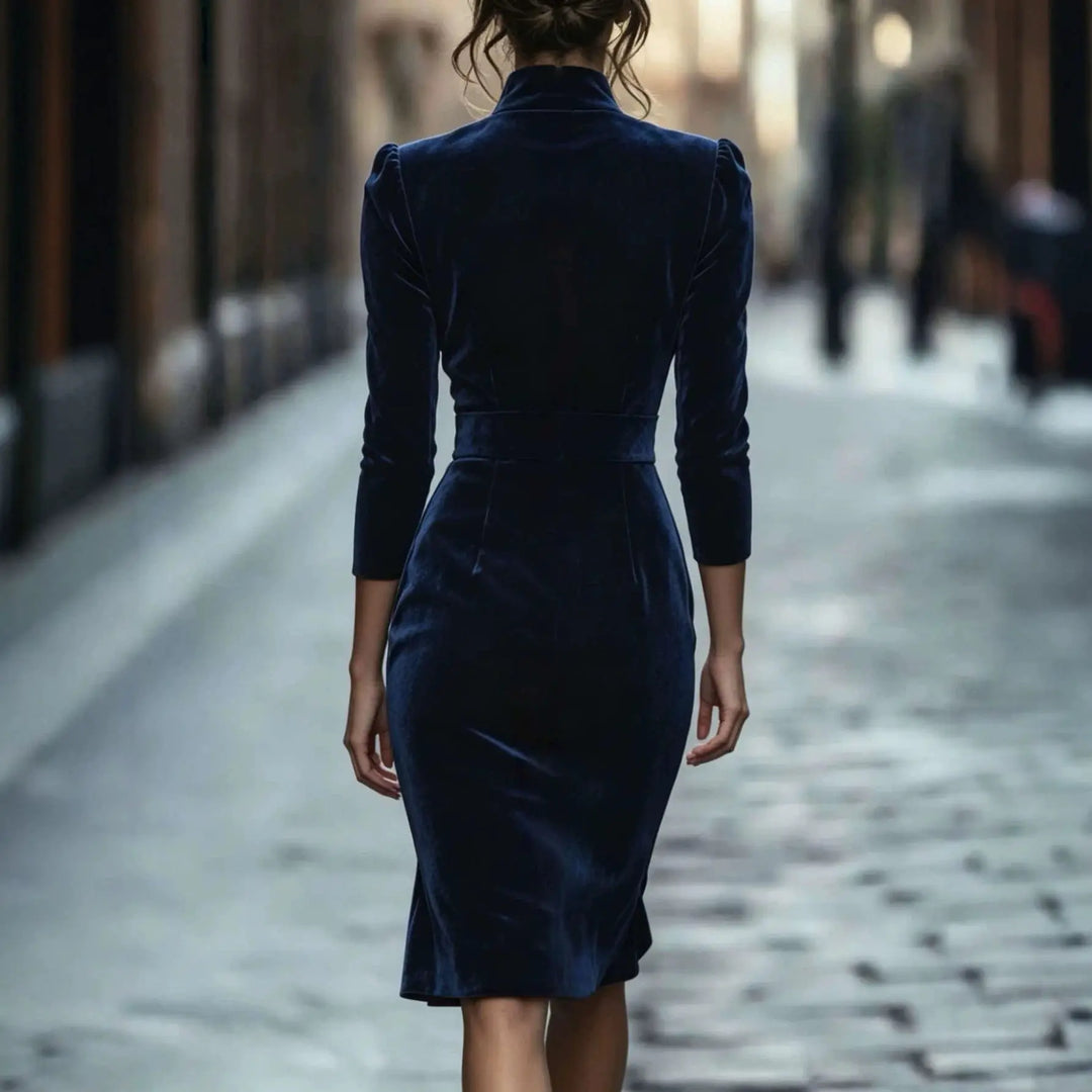 Back view of navy blue velvet midi dress with stand collar