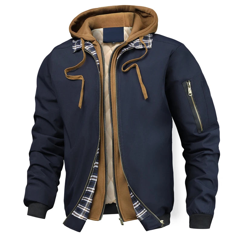 Navy blue hooded bomber jacket with tan hood and plaid trim, front view