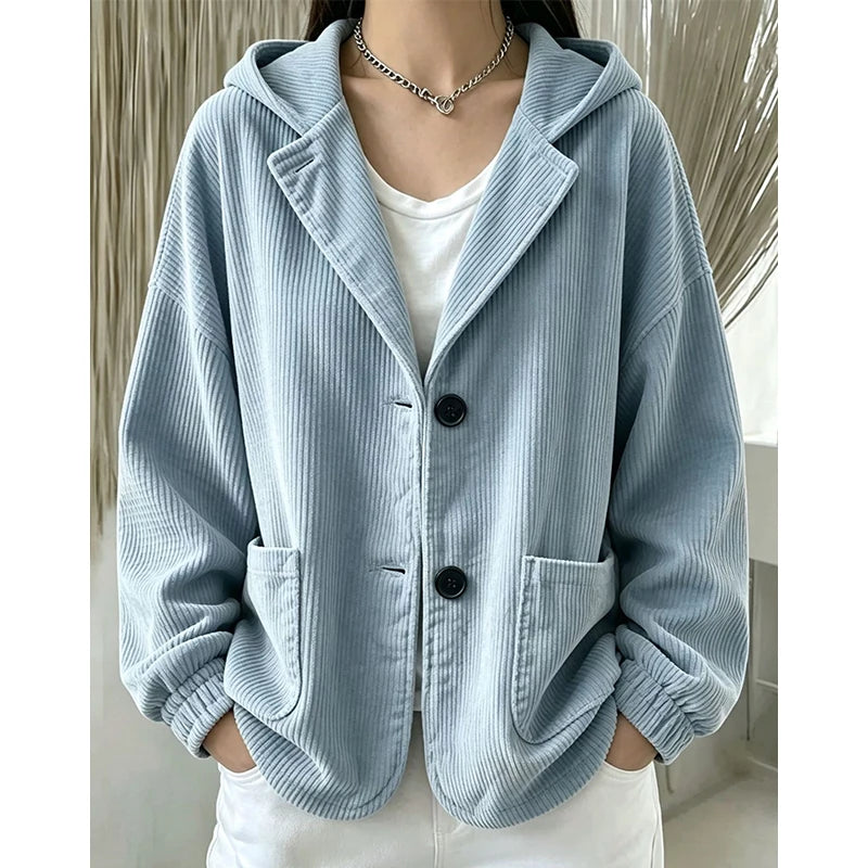 Light blue hooded corduroy jacket with patch pockets