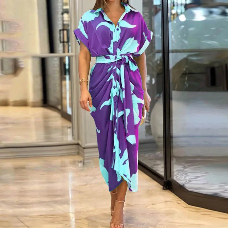 Ailsa Printed Tie Waist Shirt Midi Dress